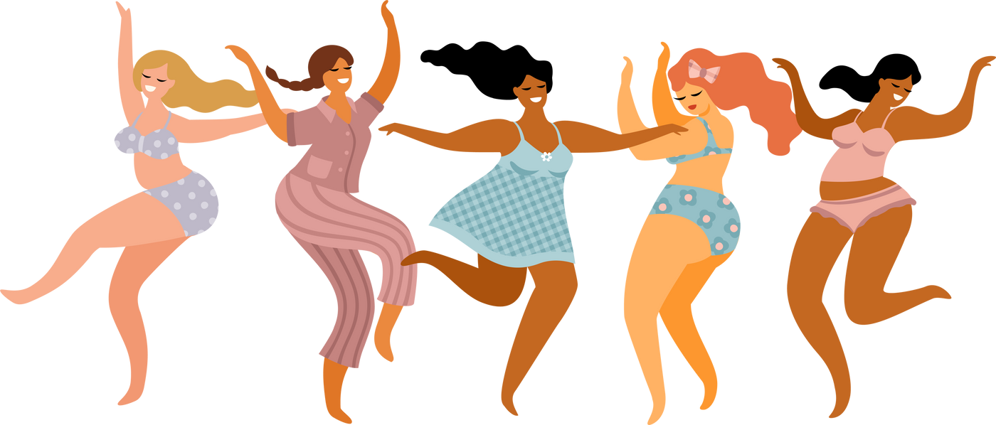 Dancing women in pajamas and underwear.